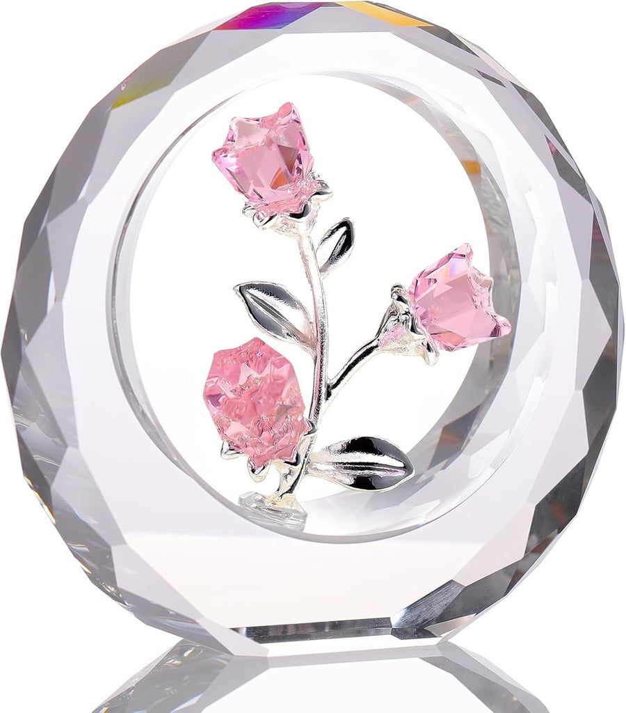 Pink Crystal Rose Bouquet Ornament • Glass Flower Figurine Gift for Women