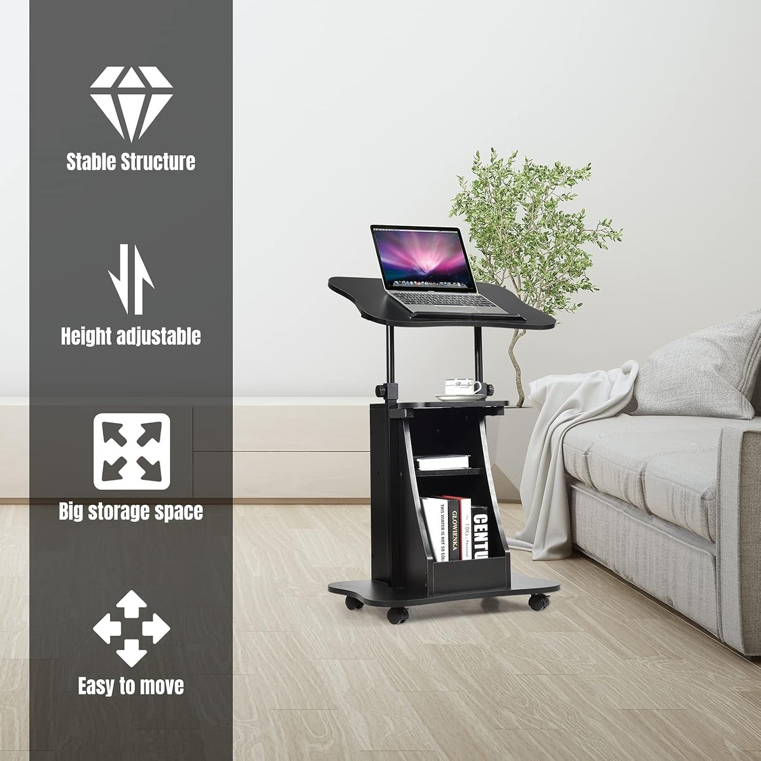 Height Adjustable Overbed Laptop Table with Storage Cabinet on Wheels Black