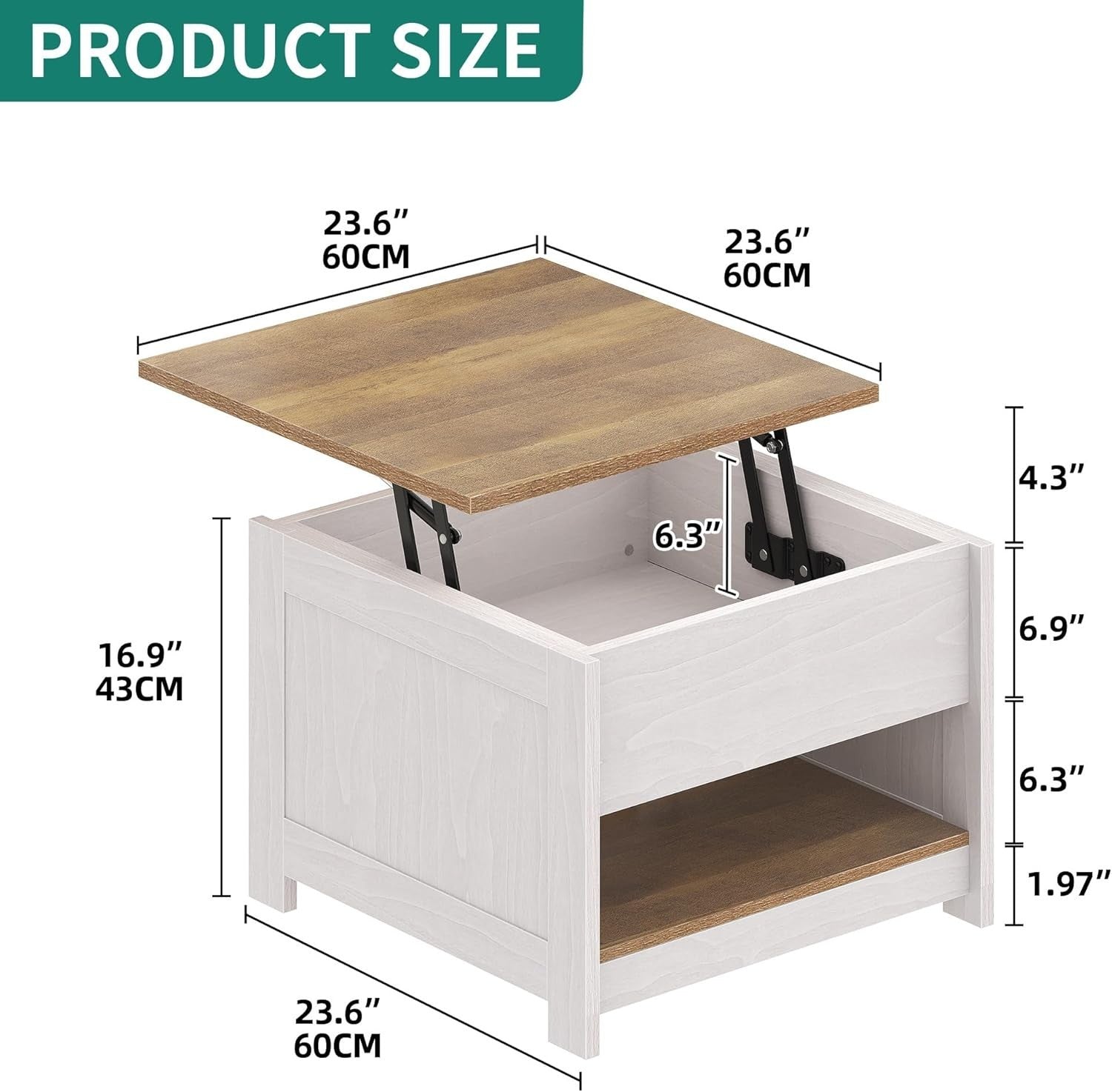 Lift Top Modern Rustic Coffee Table with Storage & LED Lights 60x60cm
