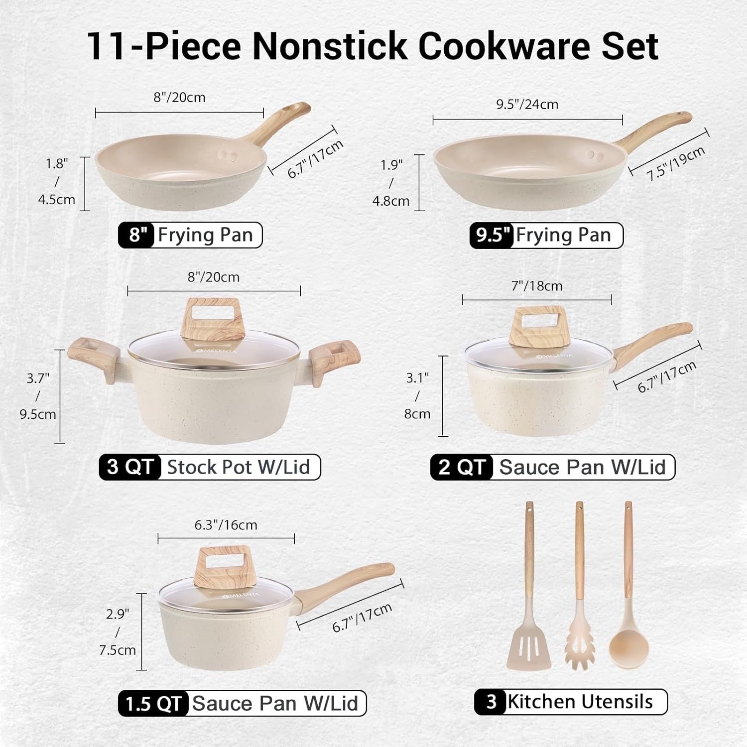 11Pcs Cream Ceramic Non Stick PFOA Free Induction Cookware Set with Lids