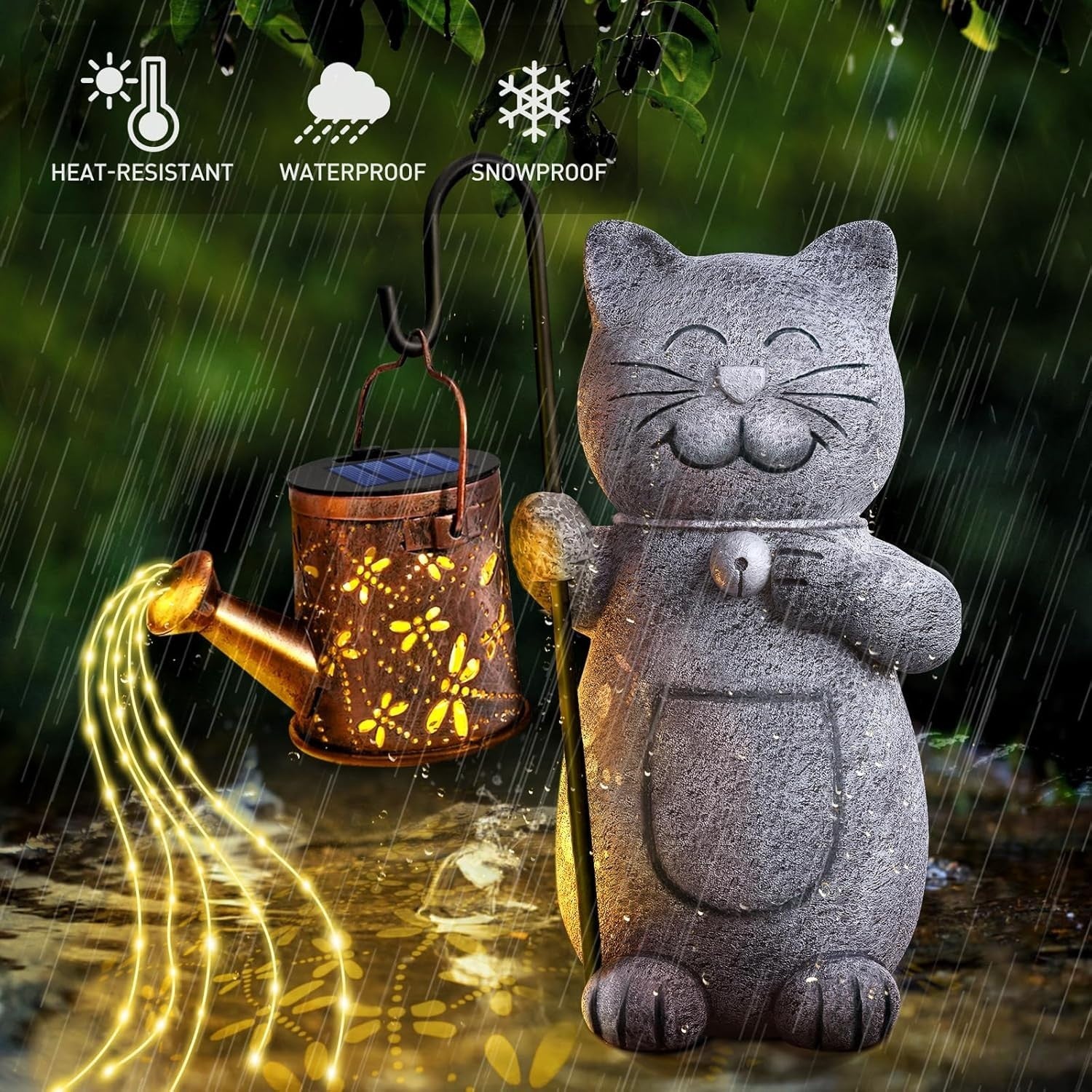 Solar Cat Garden Ornament with Watering Can Lights • Outdoor Resin Statue Gift