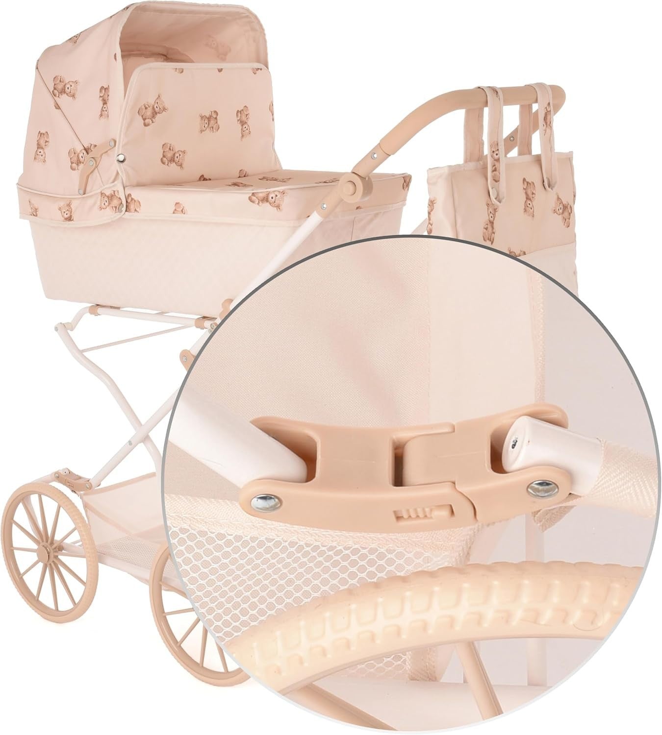 Vintage Doll Pram Teddy Design Adjustable Handle Tall Kids Basket