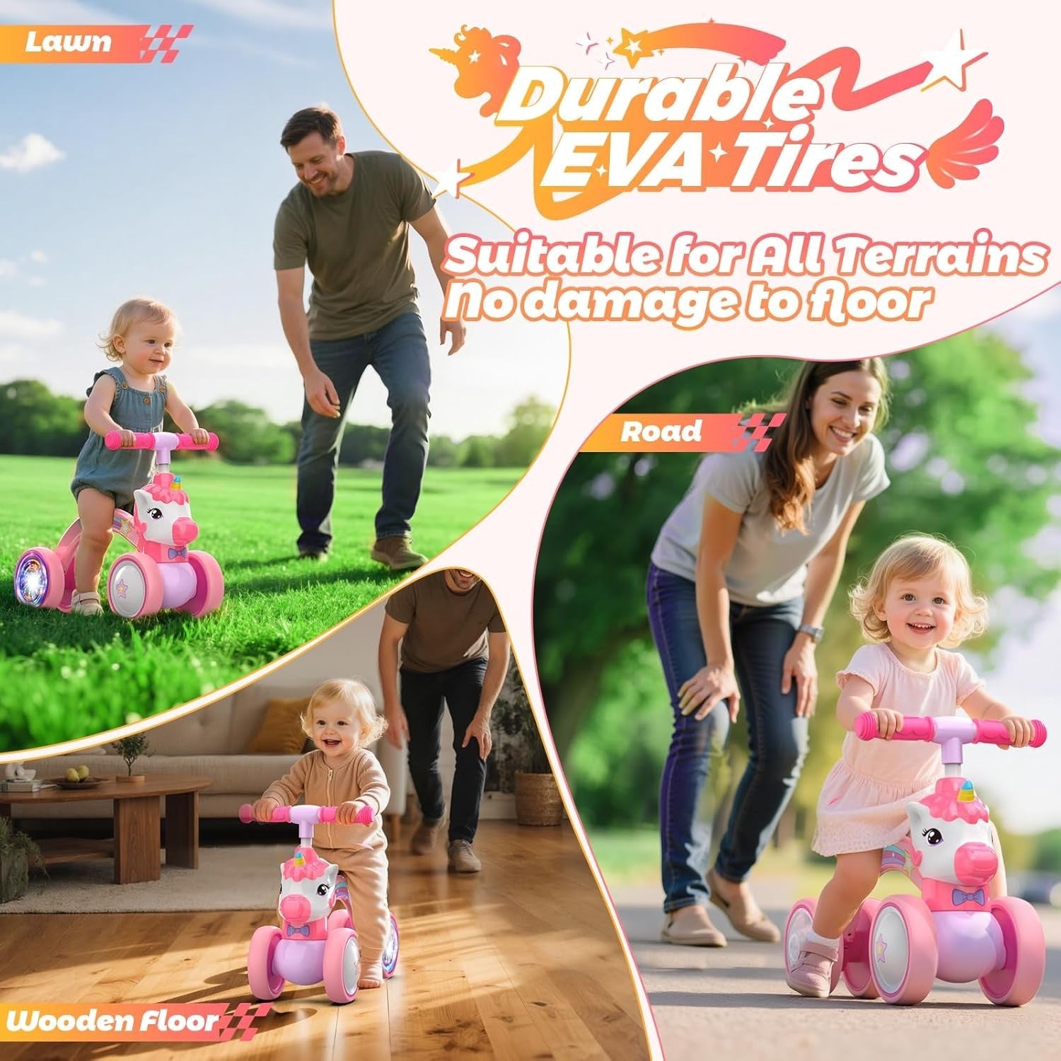 Unicorn Balance Bike Toddler Ride On Toy Light Up Wheels Girls Gift