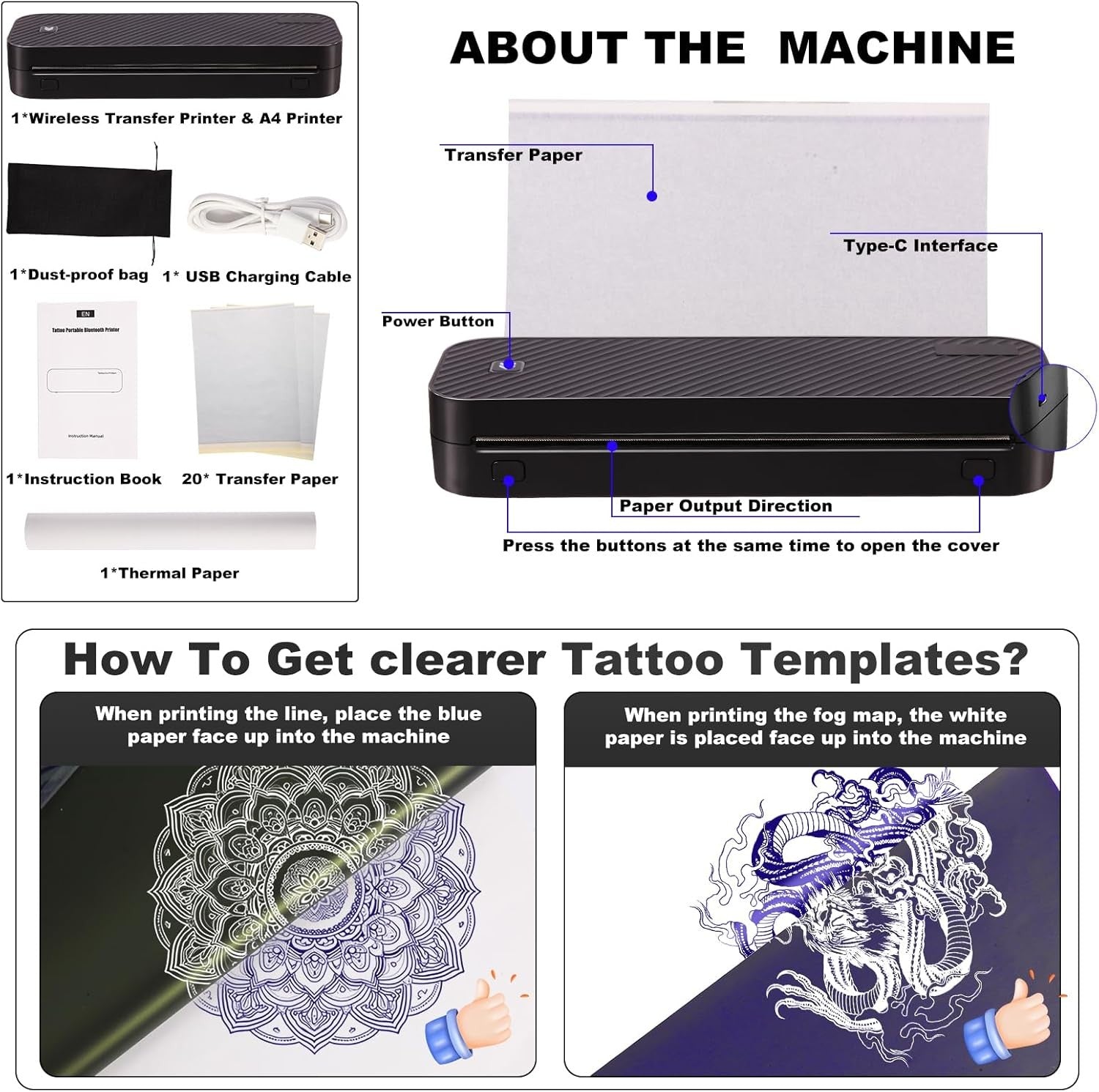 Wireless Tattoo Stencil Printer 2600mAh Black