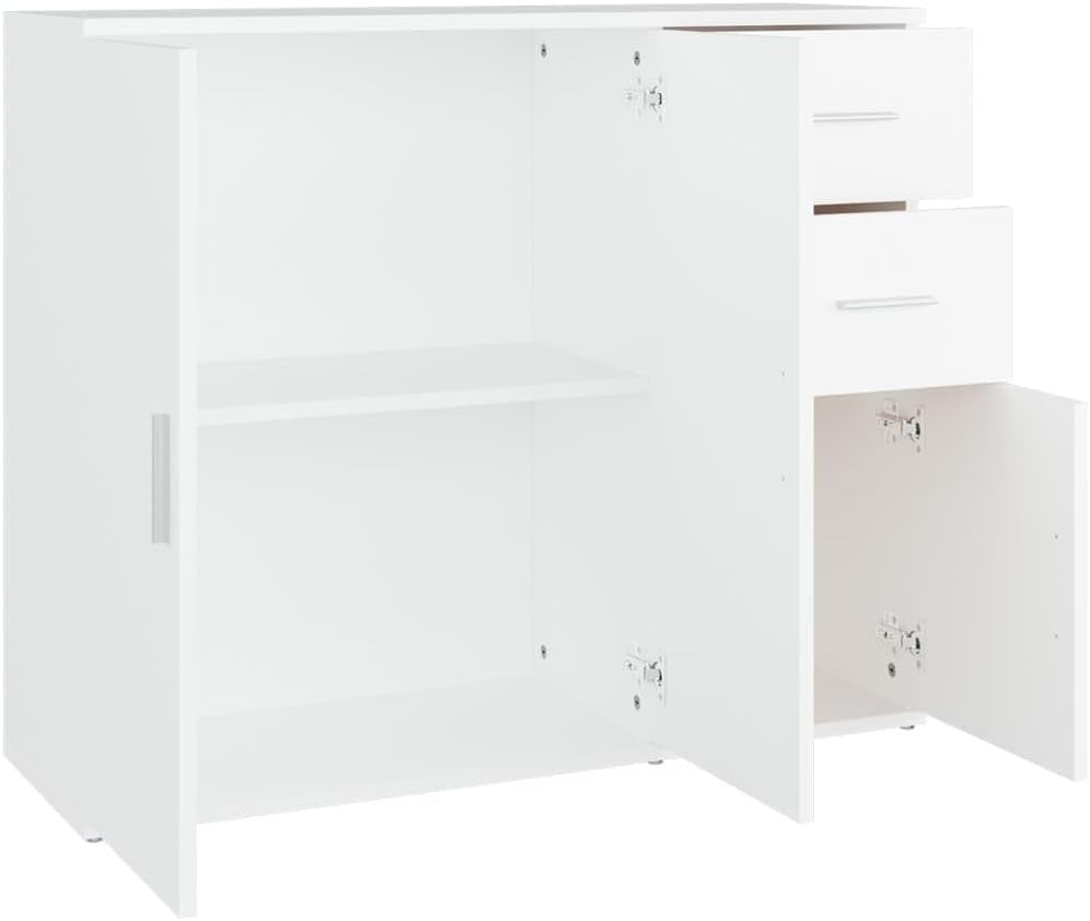 Modern White Engineered Wood Sideboard Storage Cabinet with Drawers & Doors