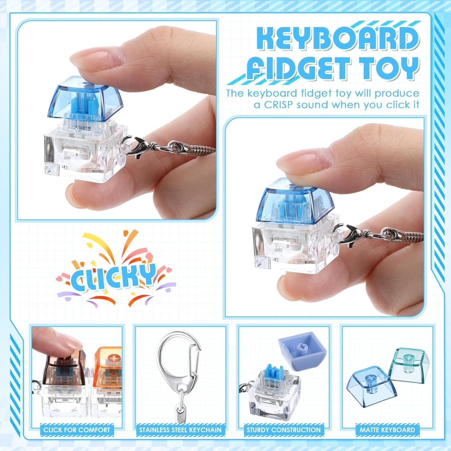24pcs Transparent Keyboard Clicker Fidget Keychain Stress Relief Toy