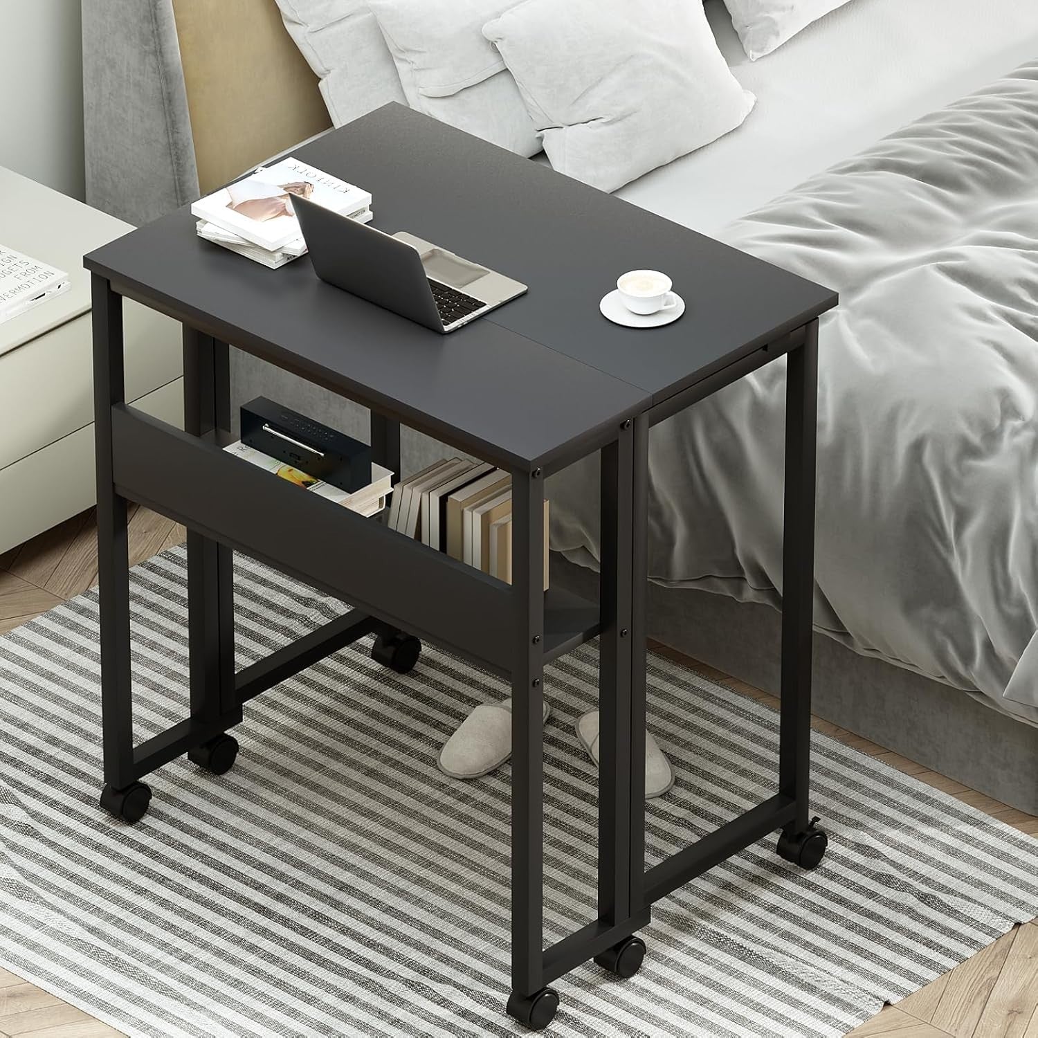 Folding Desk with Shelf & Wheels 80cm Portable Black Computer Table