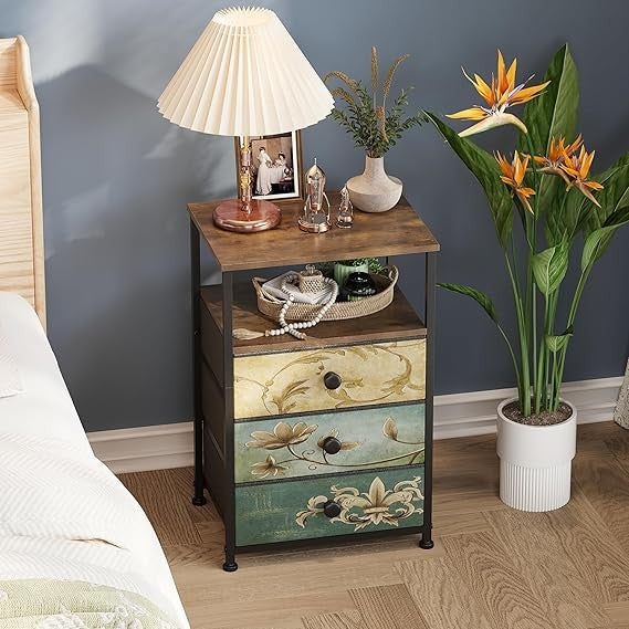 Vintage 3-Drawer Bedside Cabinet with Open Shelf, Metal Frame Storage Table
