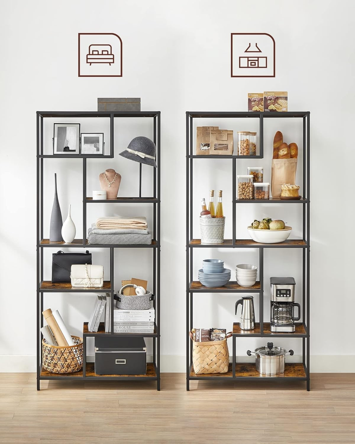 6-Tier Rustic Display Shelf | Industrial Geometric Bookshelf for Home Office