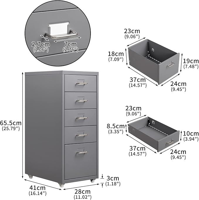 5 Drawer Metal File Cabinet with Wheels, Under Desk Office Storage Unit, Rolling
