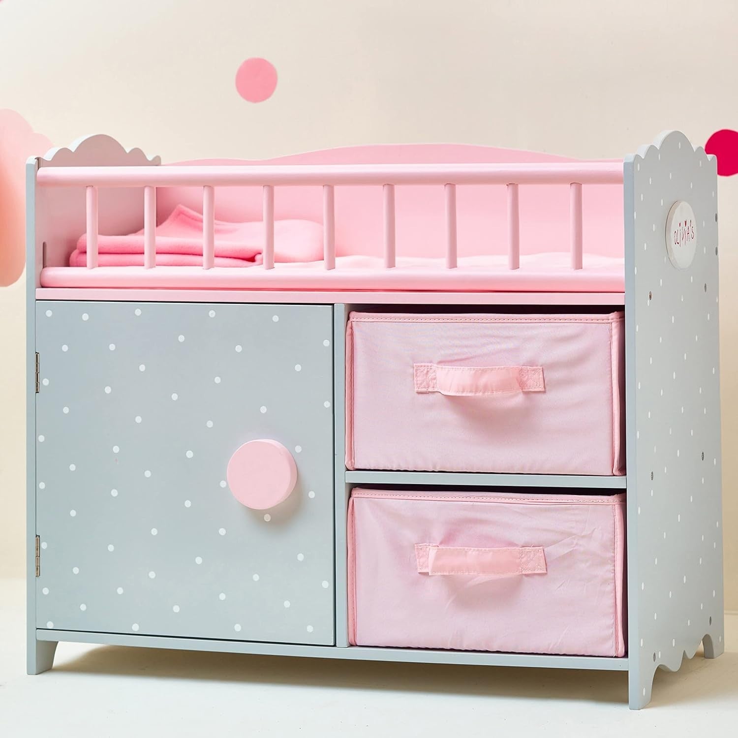 Wooden Baby Doll Cot w Storage Cushion Bedding Mobile Grey Pink 57x31x79cm