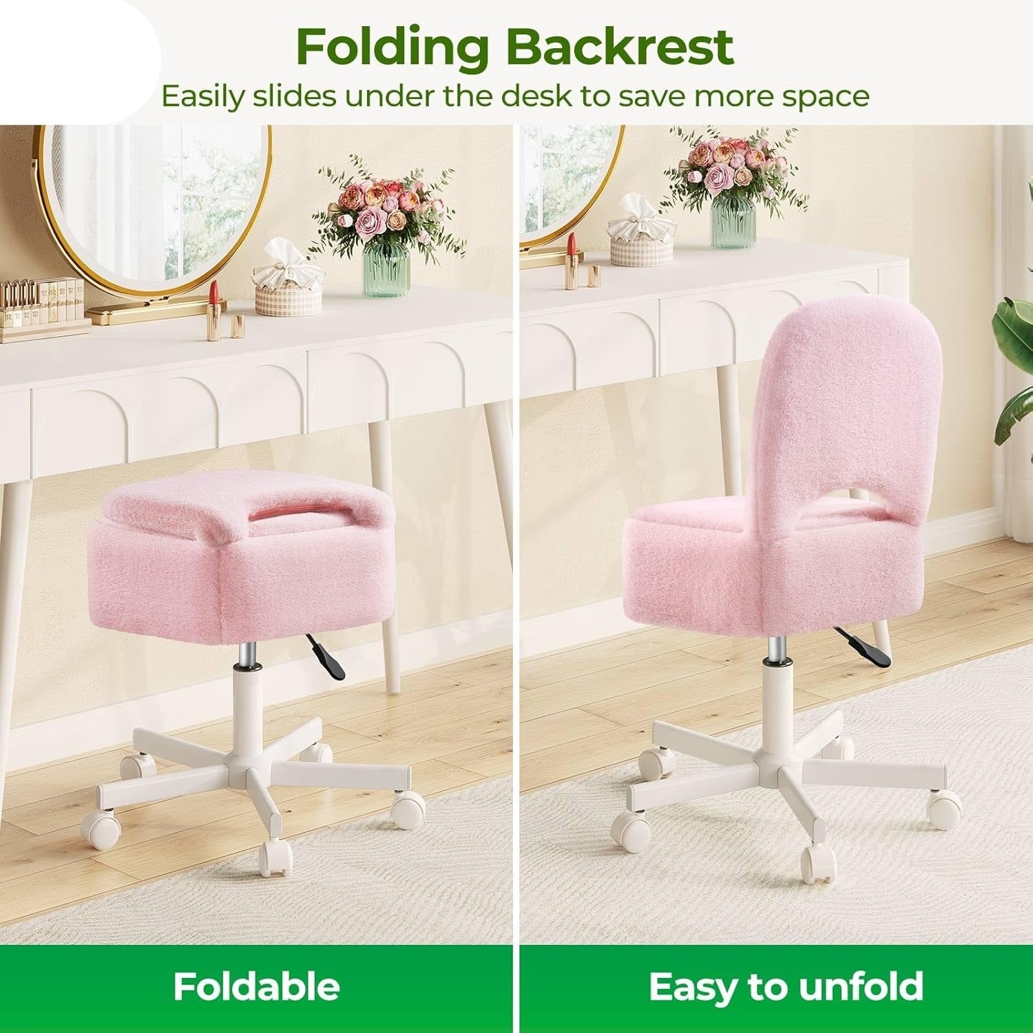 Pink Furry Vanity Chair with Storage Swivel Adjustable Height & Wheels