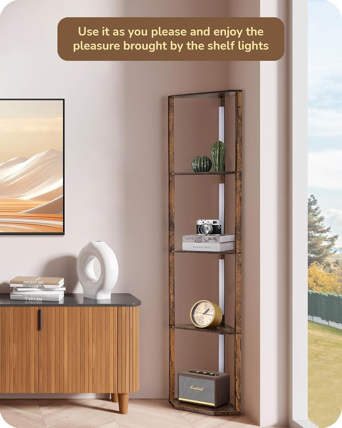 LED Corner Floor Lamp Shelf Unit 4-Tier Wood Storage Dimmable Light
