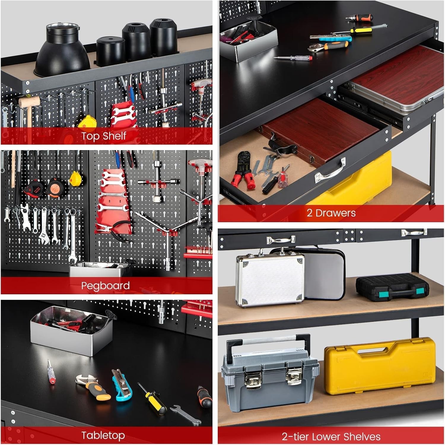 Heavy Duty Garage Workbench with Pegboard 2 Drawers Shelves 121x61 Tool Station