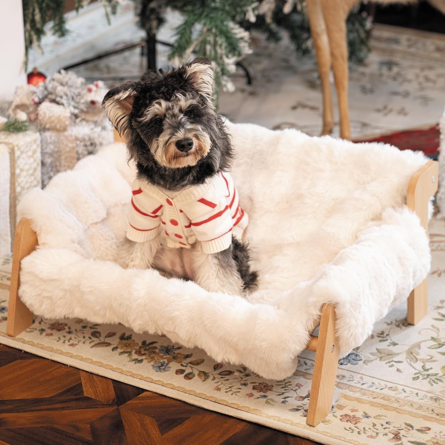 Raised Cat Bed Beech Wood Large Pet Sofa Washable Plush Cover 70cm