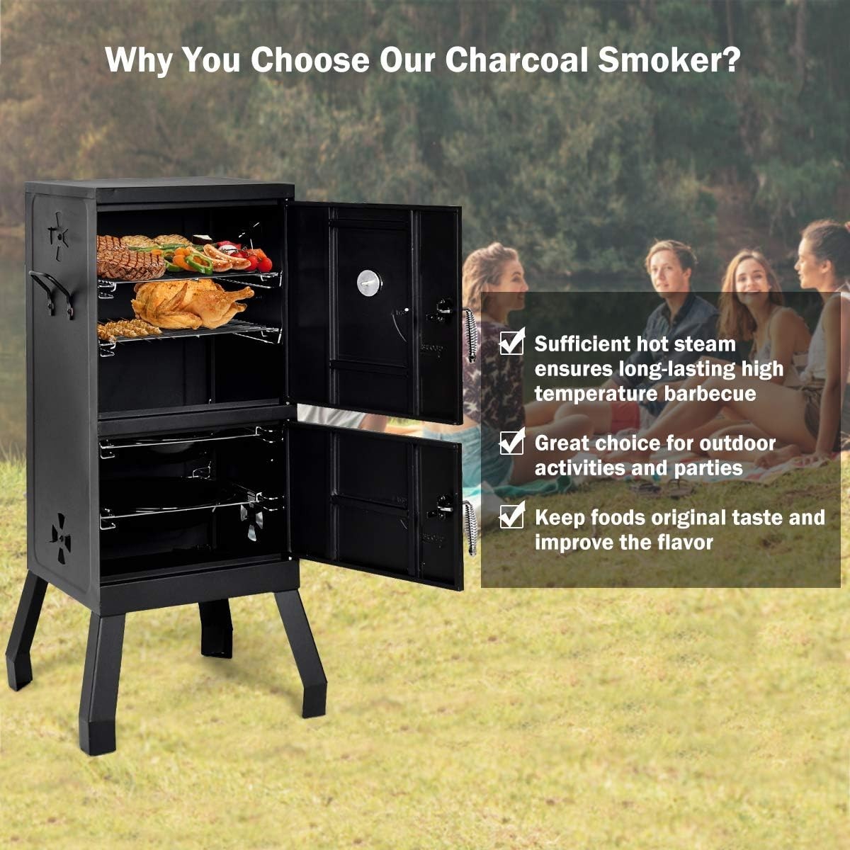 Charcoal BBQ Smoker Grill with Thermometer 2 Door Outdoor Roaster Cooking Oven