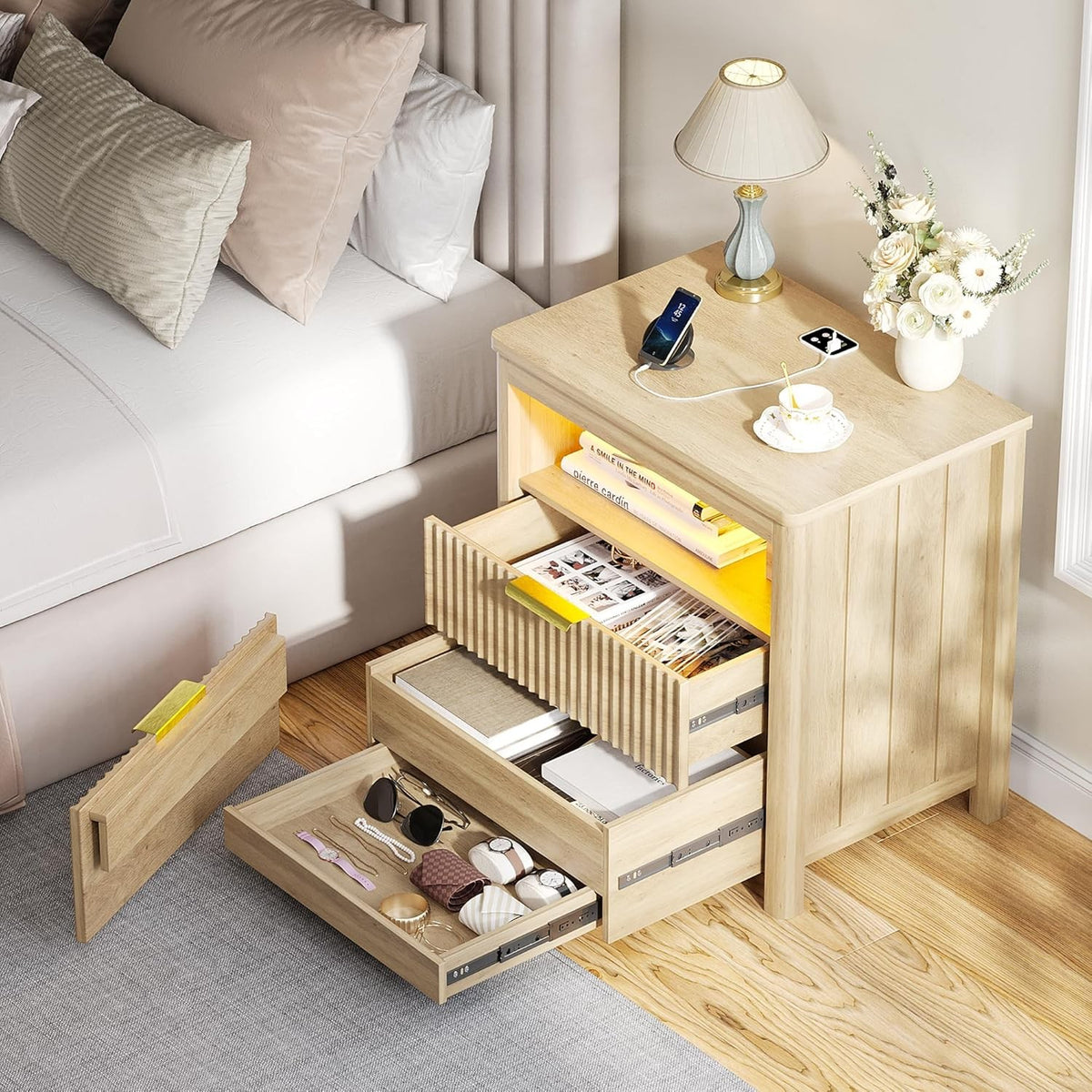 24" Natural Wood Bedside Table with Charging Station, LED Light & 3 Drawers