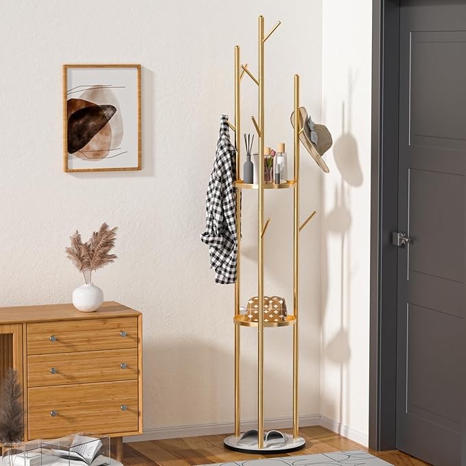 Luxury Gold Coat Rack Stand | Marble Base Hall Tree with 3 Shelves & Hooks