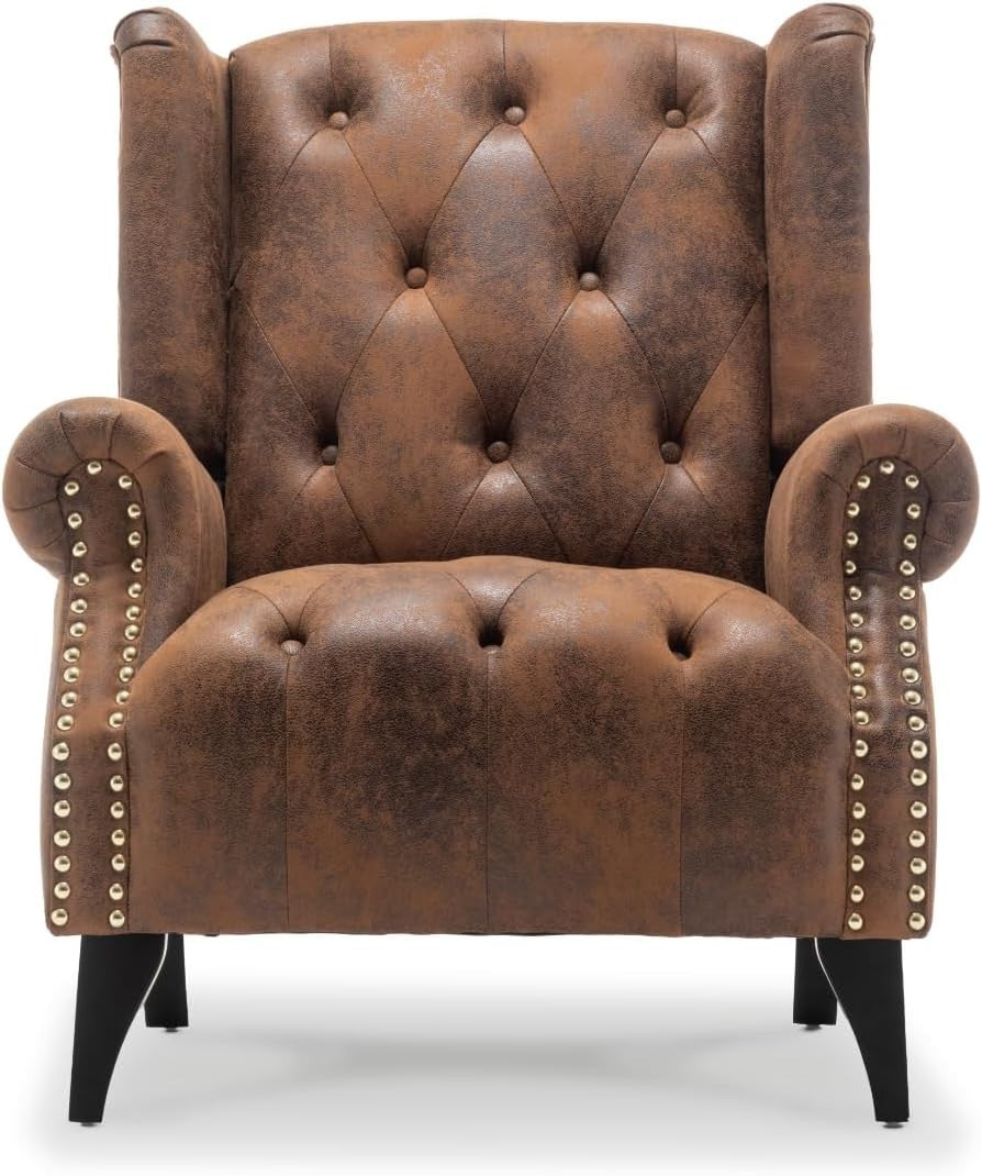 Brown Faux Leather Wingback Armchair Chesterfield Fireside Chair