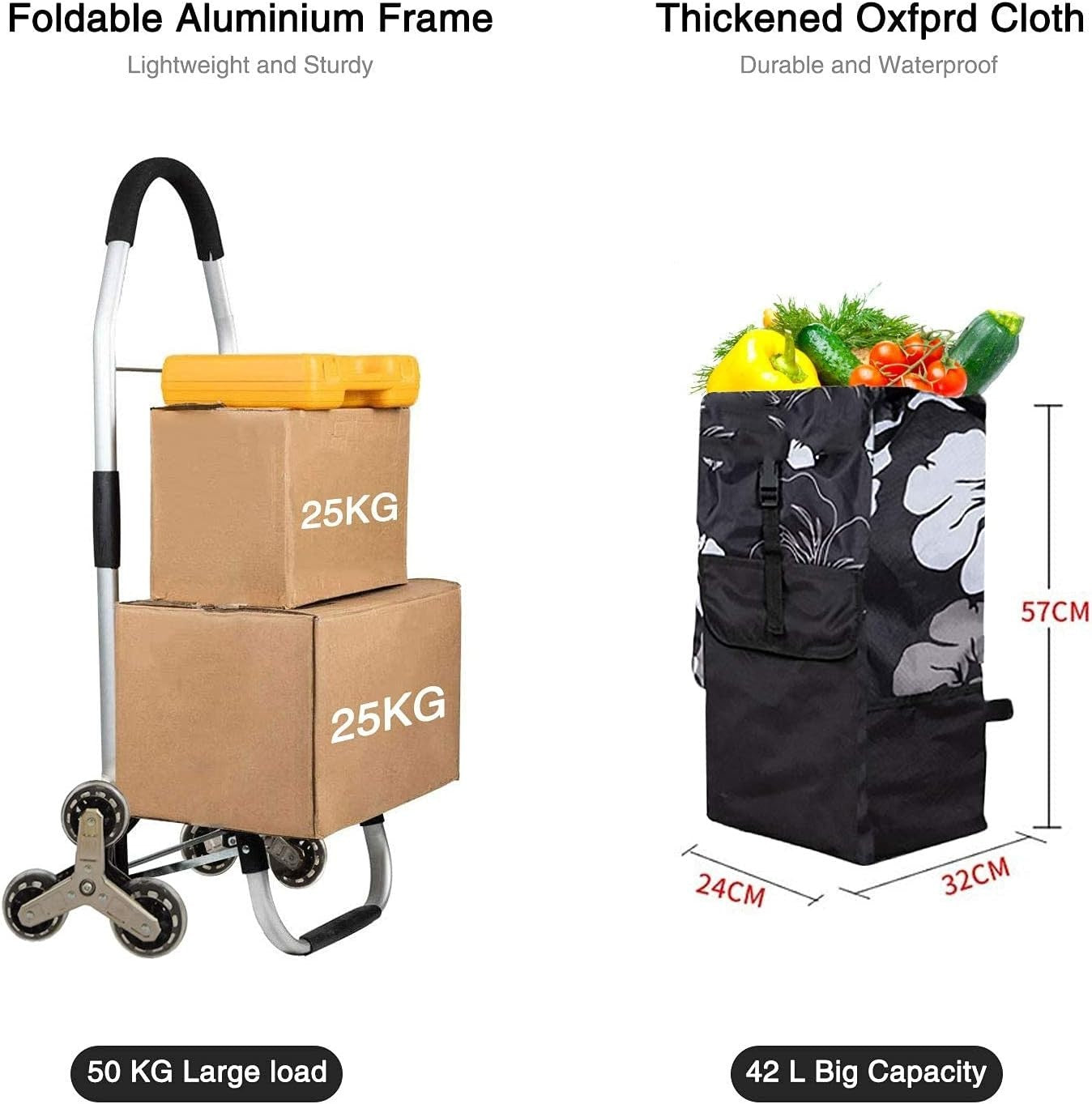 Folding 6-Wheel Stair Climber Shopping Trolley Cart 50kg Removable Bag