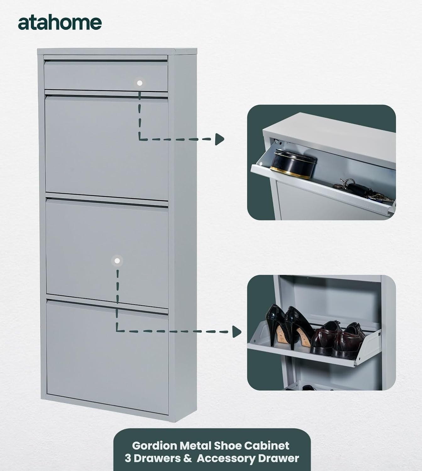 Slim Wall Mounted Shoe Cabinet 3+1 Drawer Metal Storage Organizer Grey 114cm