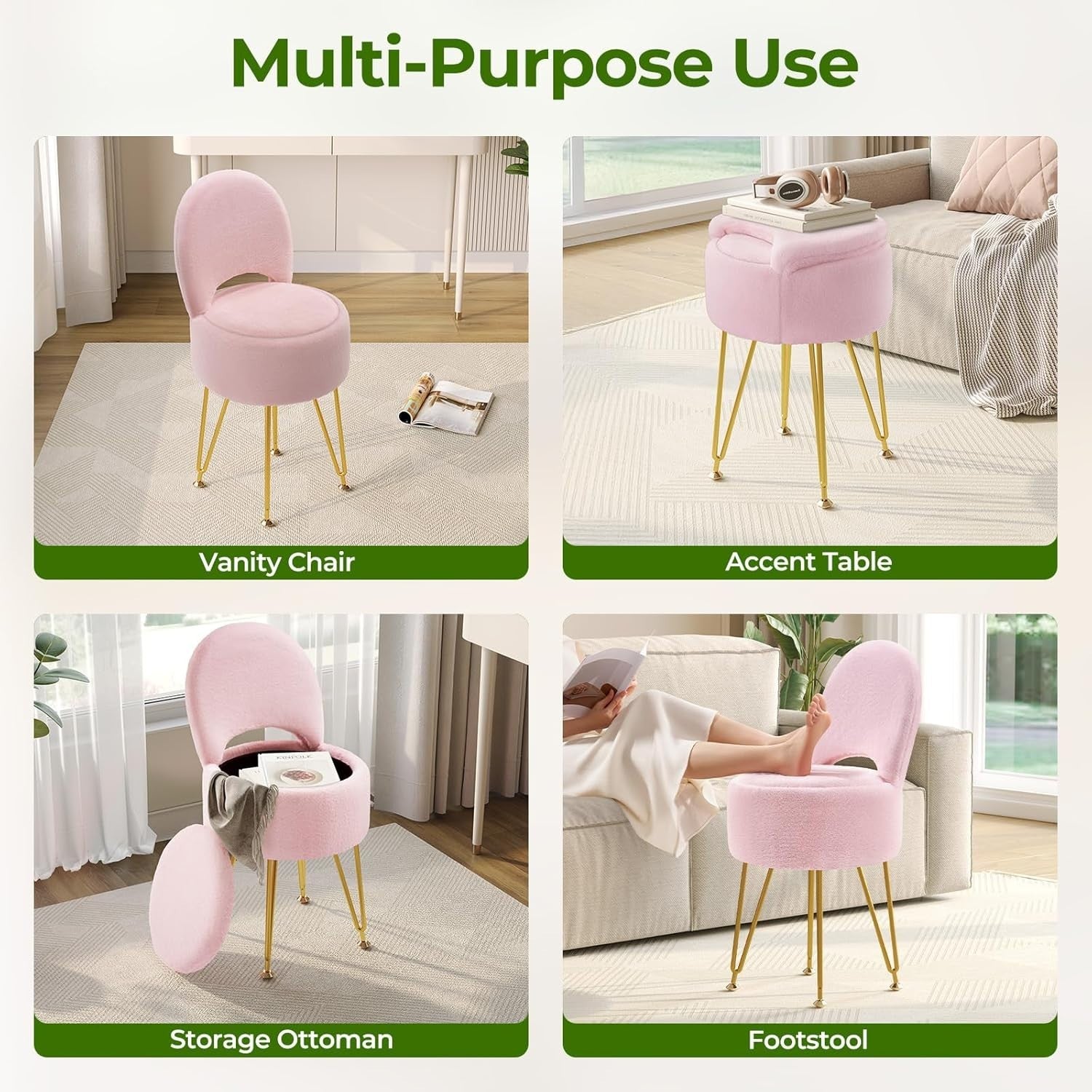 Pink Velvet Vanity Chair with Storage Foldable Backrest Footstool Small