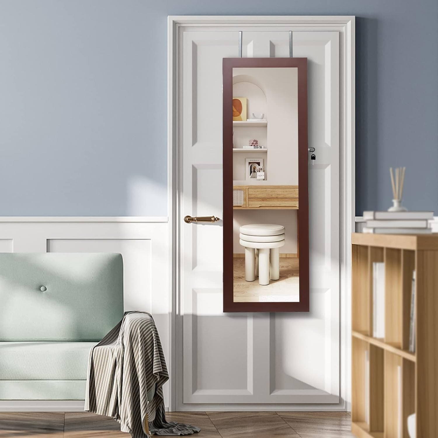 Wall Mounted Jewelry Cabinet LED Lighted Full Mirror Lockable Storage