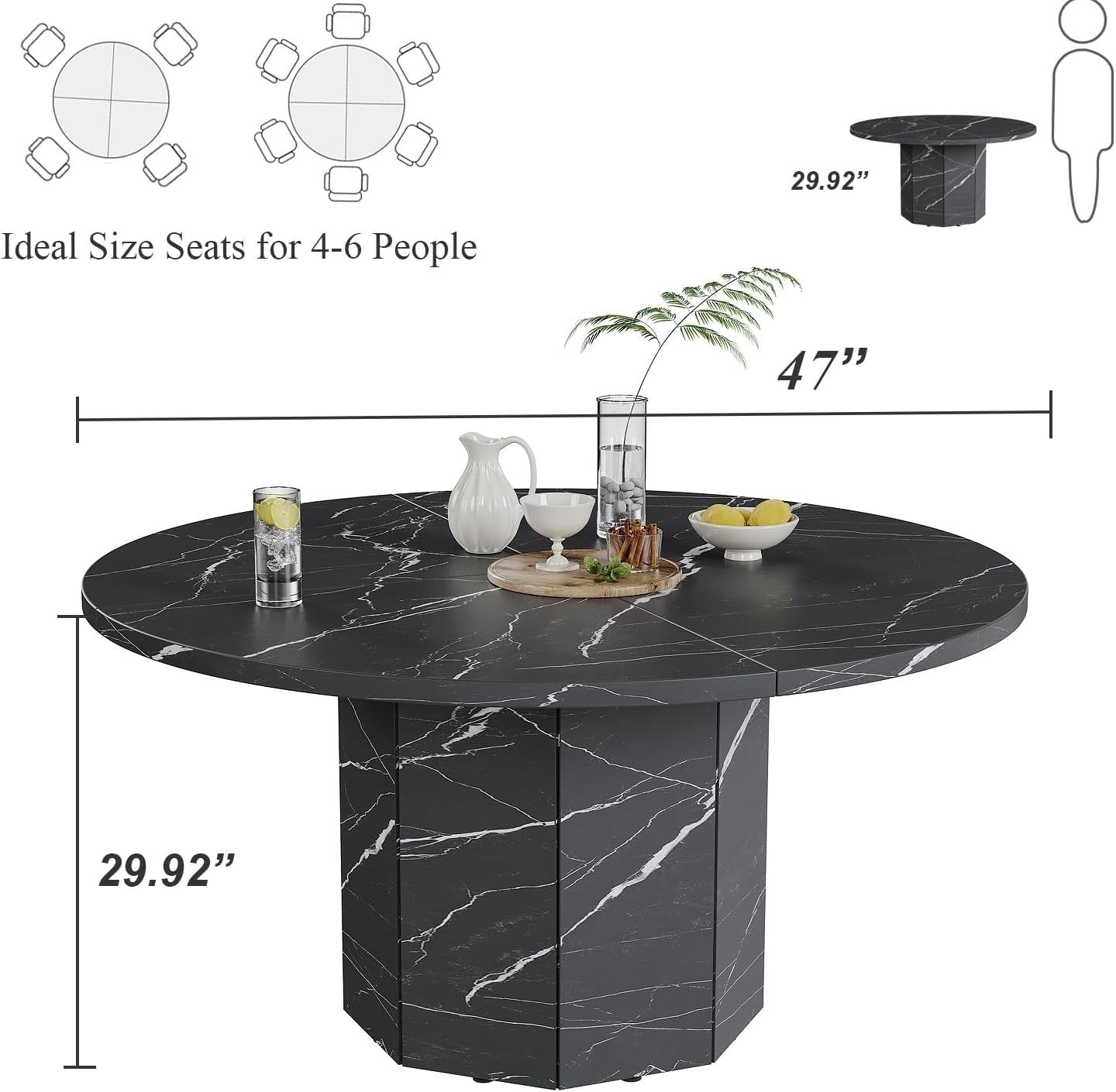 Round Black Marble Dining Table 4-6 Seater Modern Kitchen 120cm