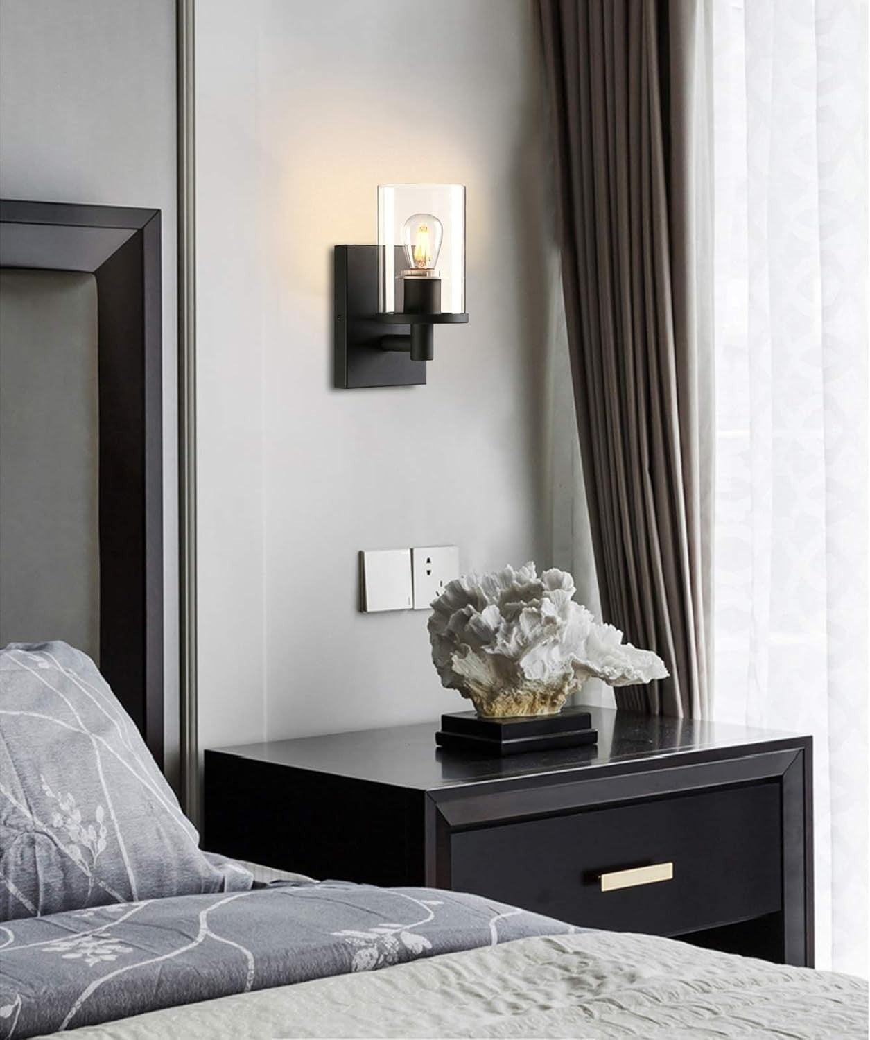 Modern Black Glass Wall Sconces, Dimmable Indoor Lights, Set of 2