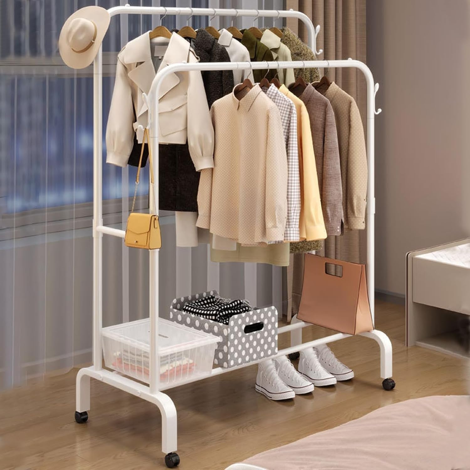 Heavy Duty Double Clothes Rail with Shelf & Wheels – White