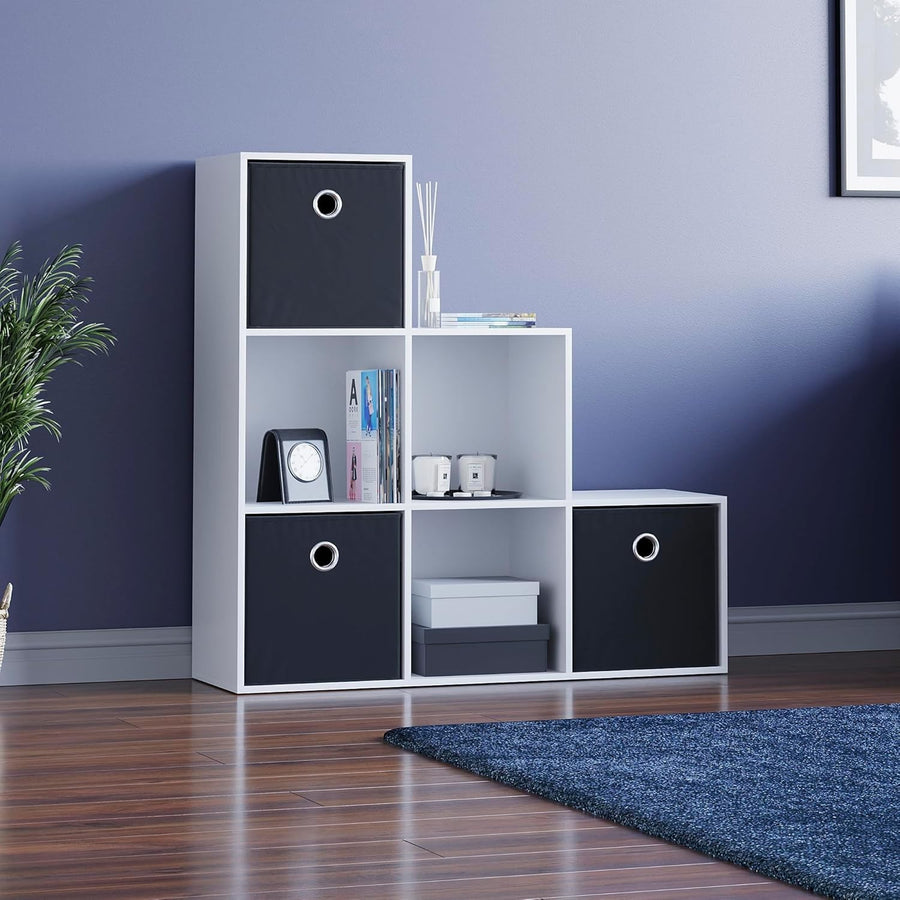 6 Cube White Staircase Storage Bookcase with 3 Black Baskets – Modern Organizer