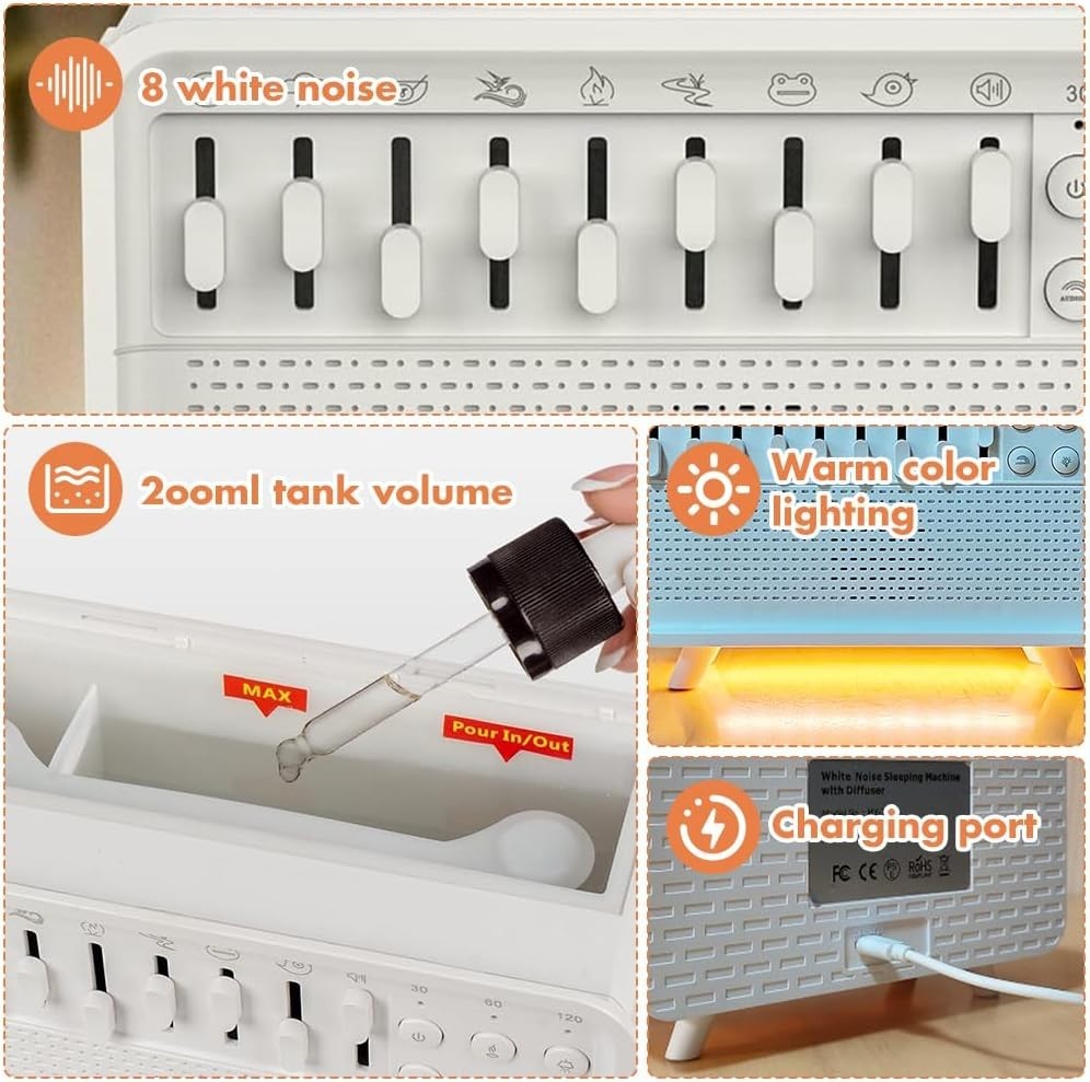 White Noise Machine with Humidifier, 8 Sleep Sounds, Night Light & Bluetooth