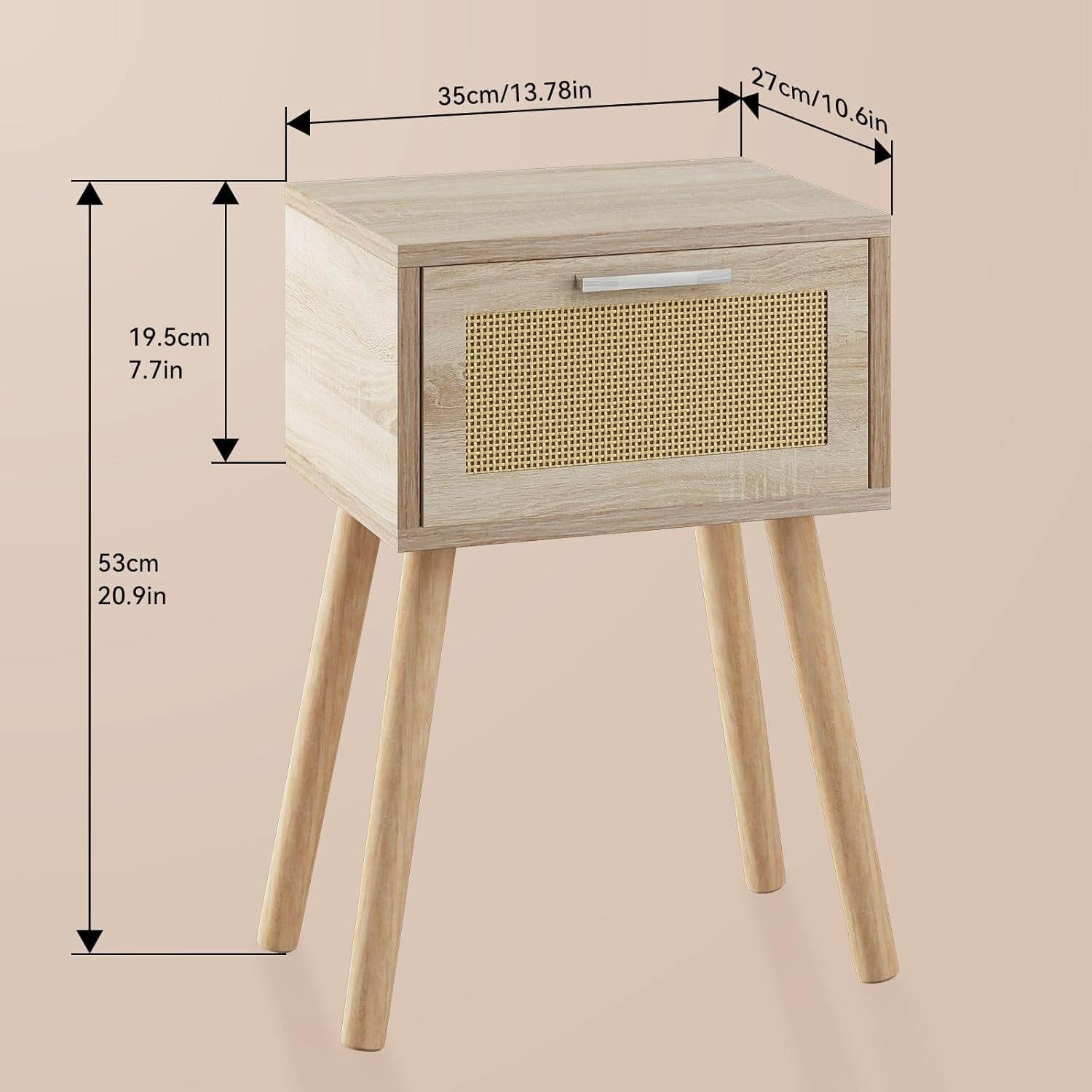 Natural Rattan Bedside Tables Set of 2, Modern Wood Nightstands with Drawer