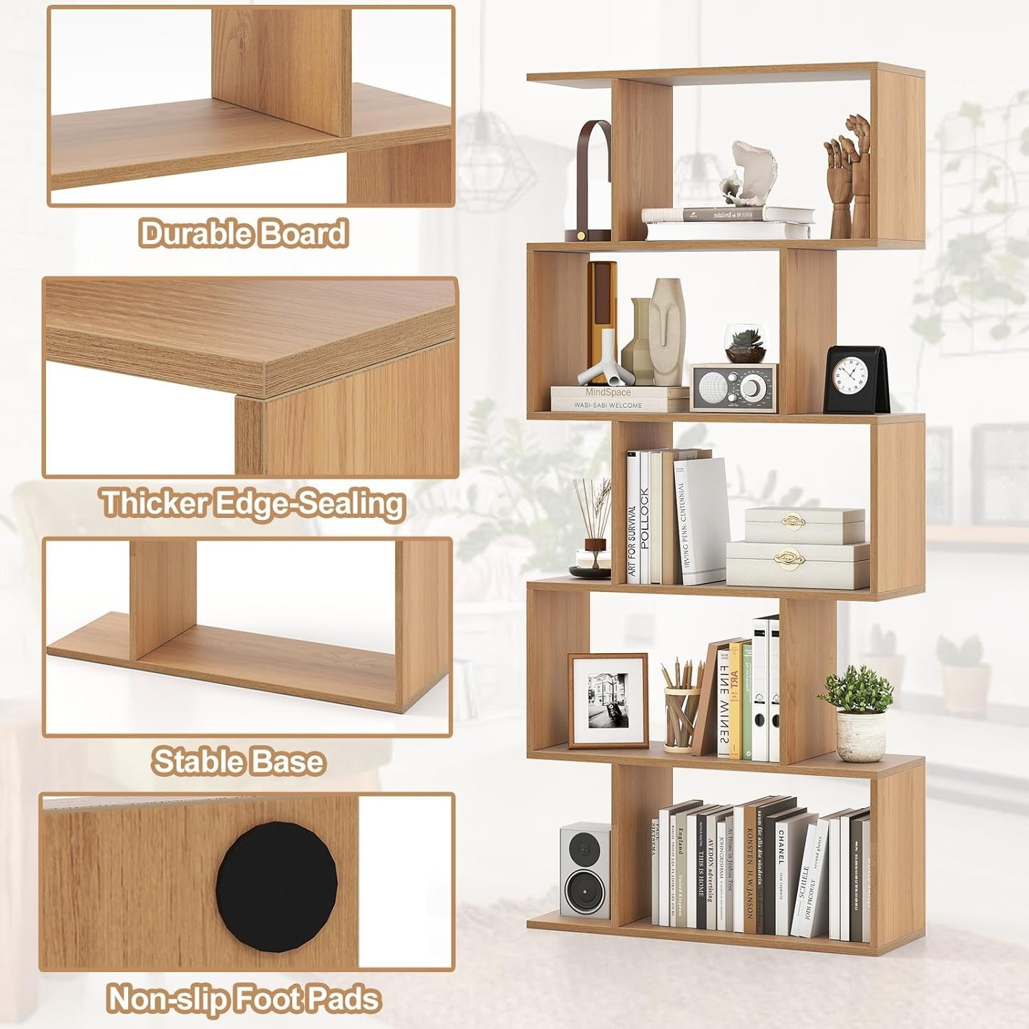 Natural Wood S-Shaped 5/6 Tier Bookcase Modern Display Shelf Storage Unit 70cm