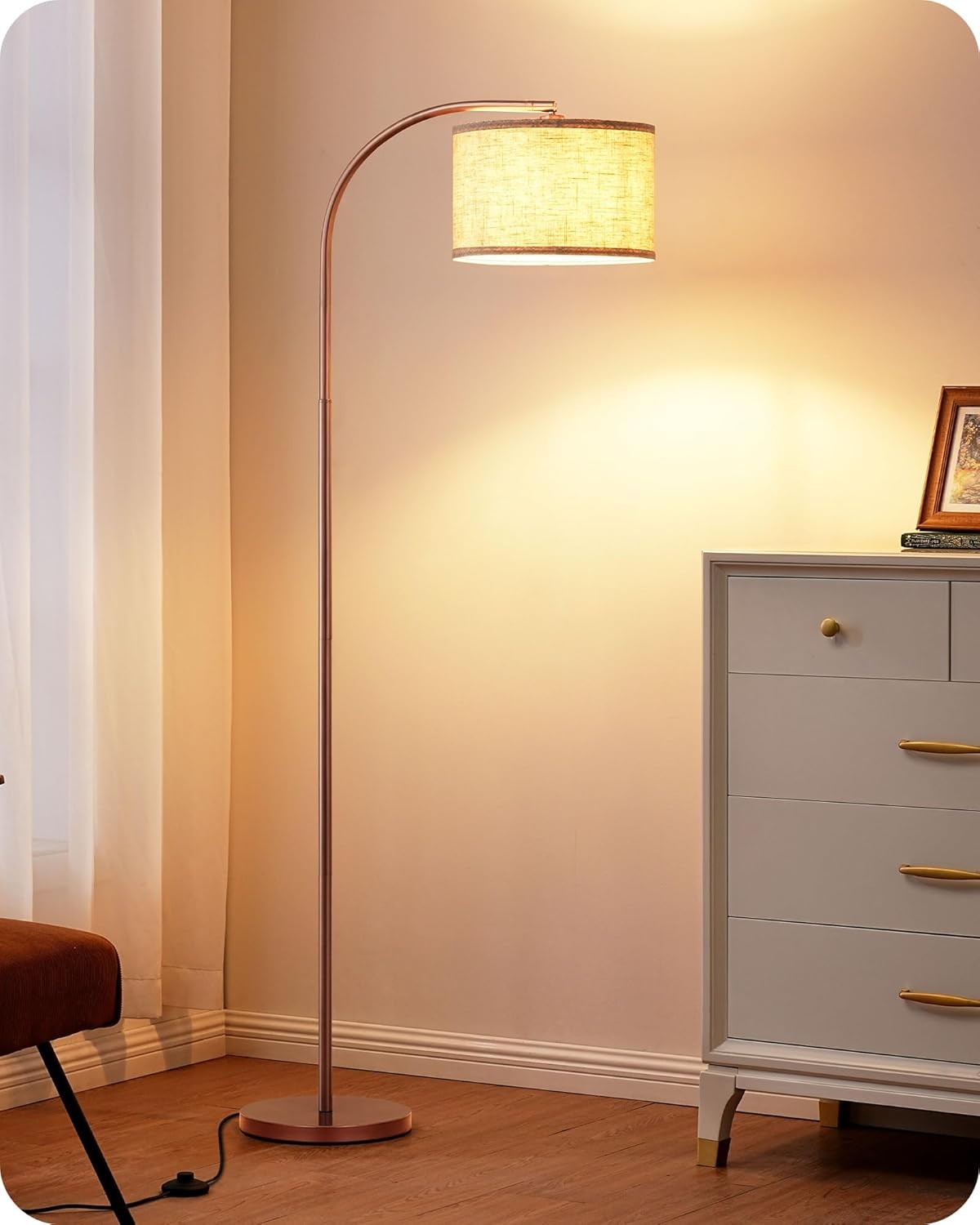 Modern Arc Floor Lamp Adjustable Linen Shade Brown Standing Light E27