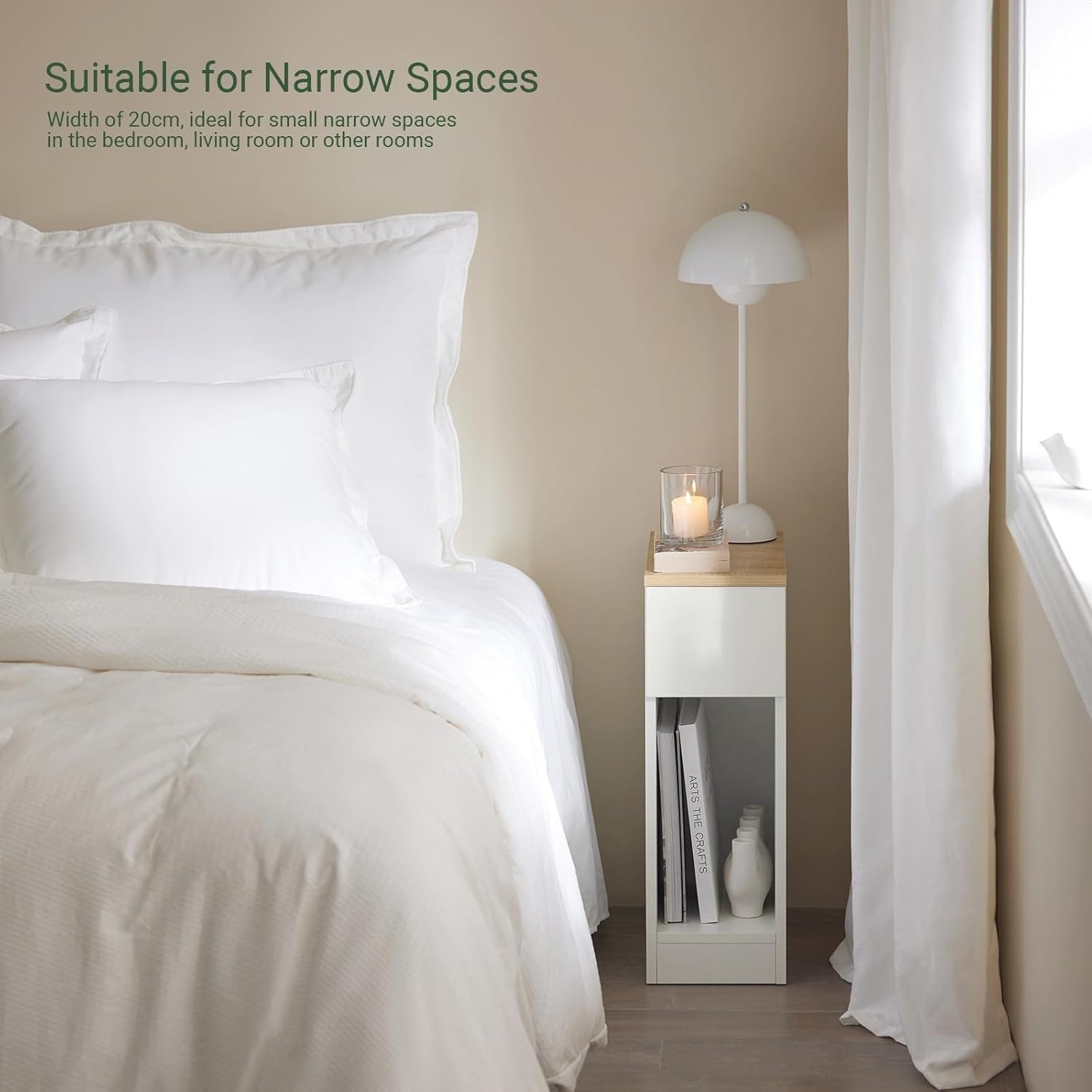 Set of 2 Slim White Bedside Tables with Drawer & Shelf | Narrow Modern