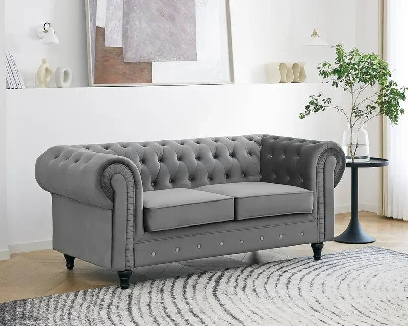Grey Chesterfield Velvet 2 Seater Sofa Tufted Scroll Arm Classic Couch
