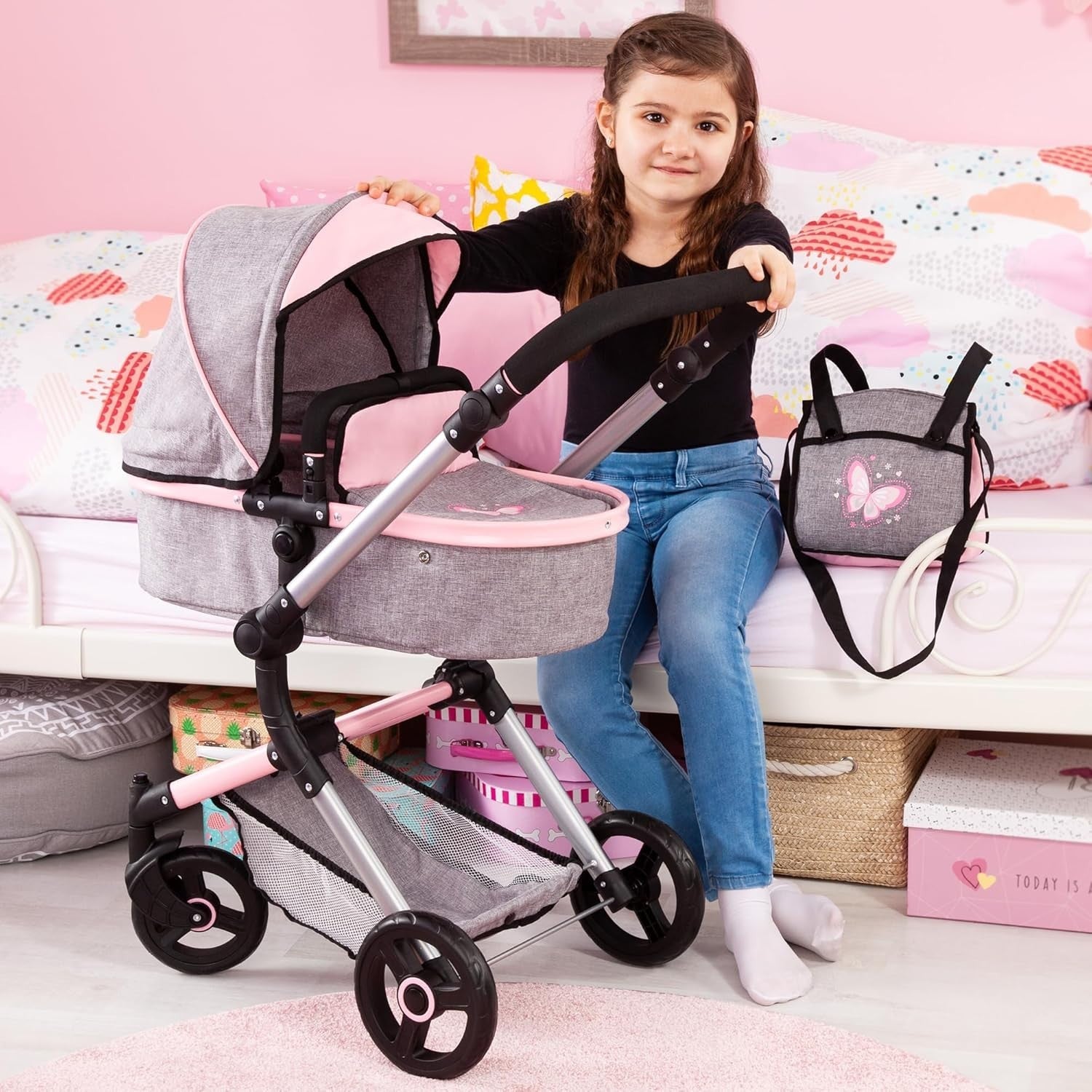 Convertible Doll Pram Stroller Foldable Adjustable Handle with Bag Butterfly