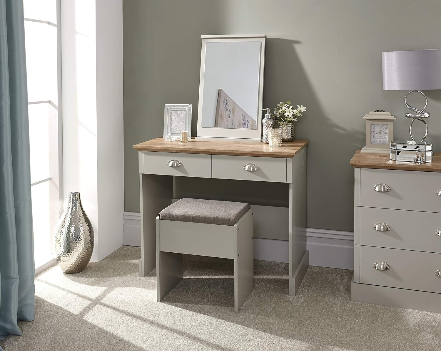 Grey Modern Vanity Dressing Table Set Mirror Stool 2 Drawers Bedroom Furniture