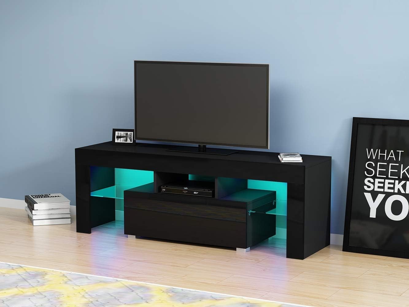 Modern LED TV Stand Cabinet for 32-55" TV RGB Lights Storage Drawer - Black