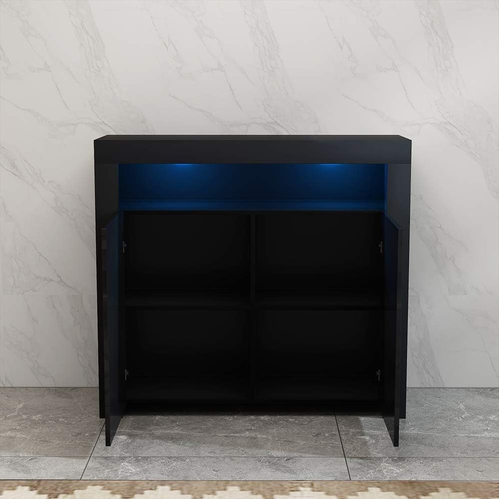 High Gloss Black Storage Sideboard with LED Lights | Modern Living Room Cupboard