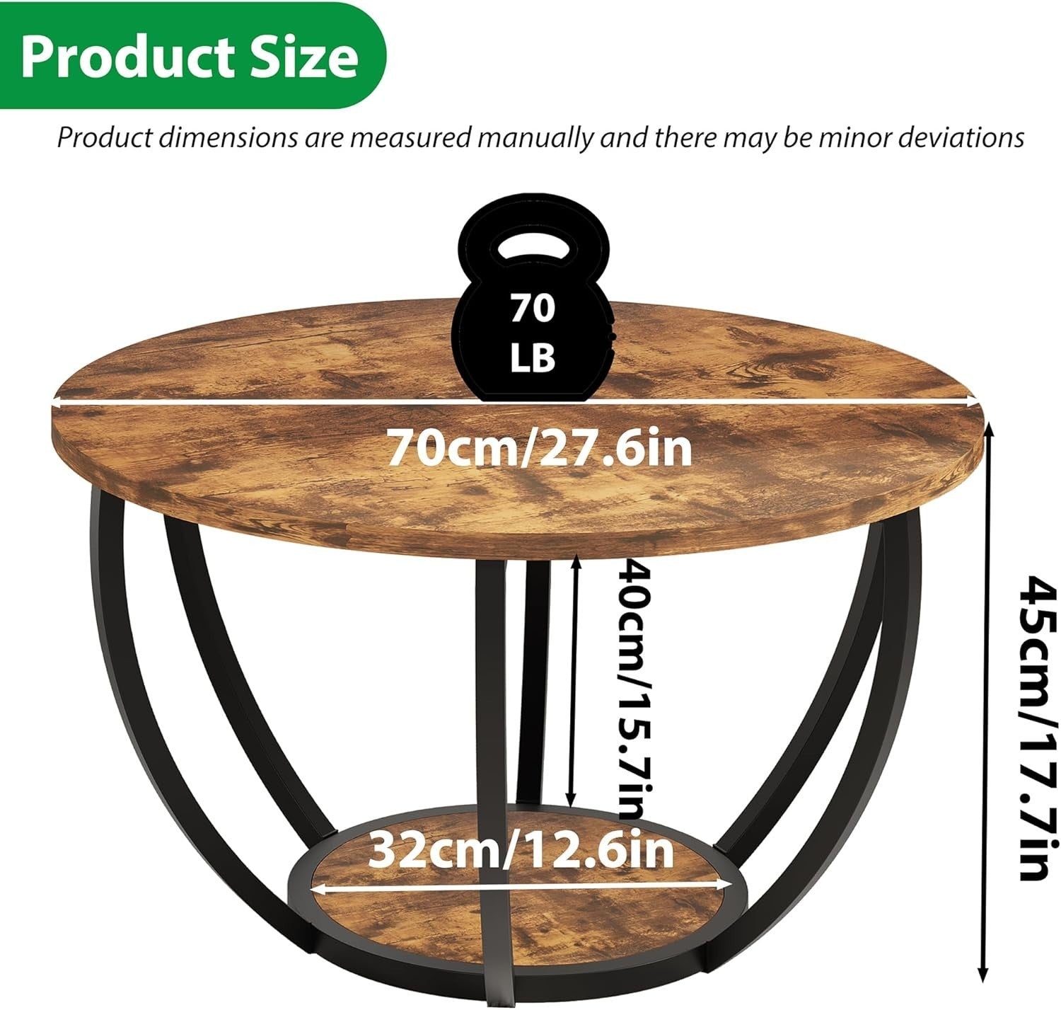 28" Round 2-Tier Coffee Table with Storage Shelves, Metal Frame Rustic Brown