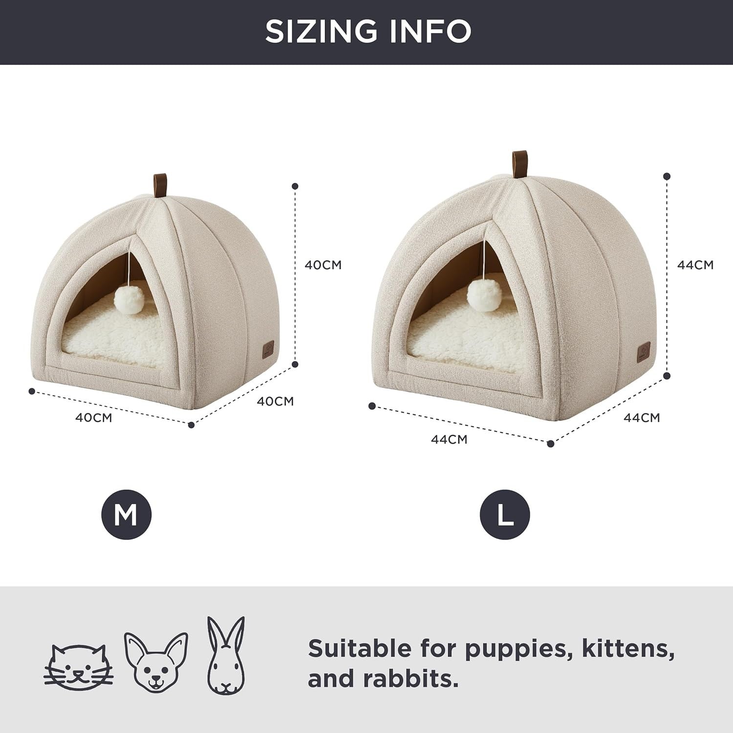 Large Cat Cave Bed 44cm Igloo Tent Washable Cushion Beige