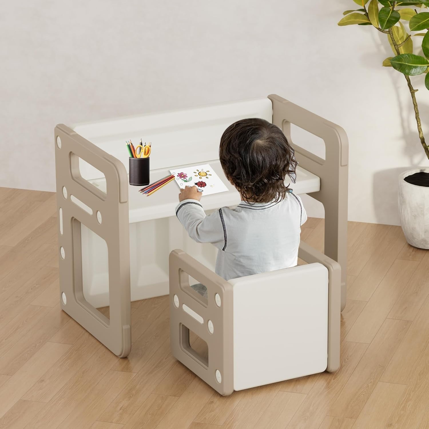 Kids Montessori Table & 2 Chairs Set, Plastic Activity Desk & Stools Khaki