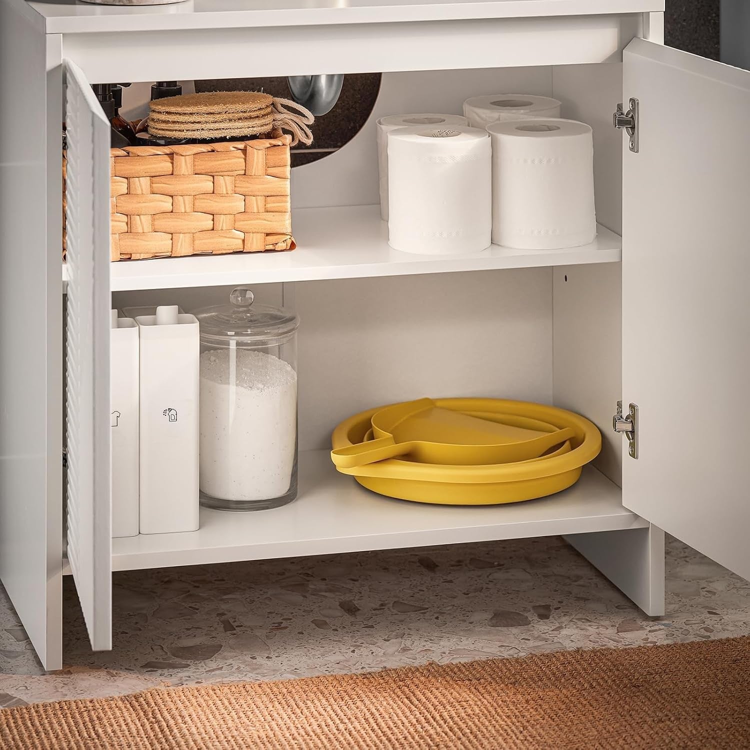 Slim White Under Sink Bathroom Cabinet – Adjustable Shelves Storage Unit