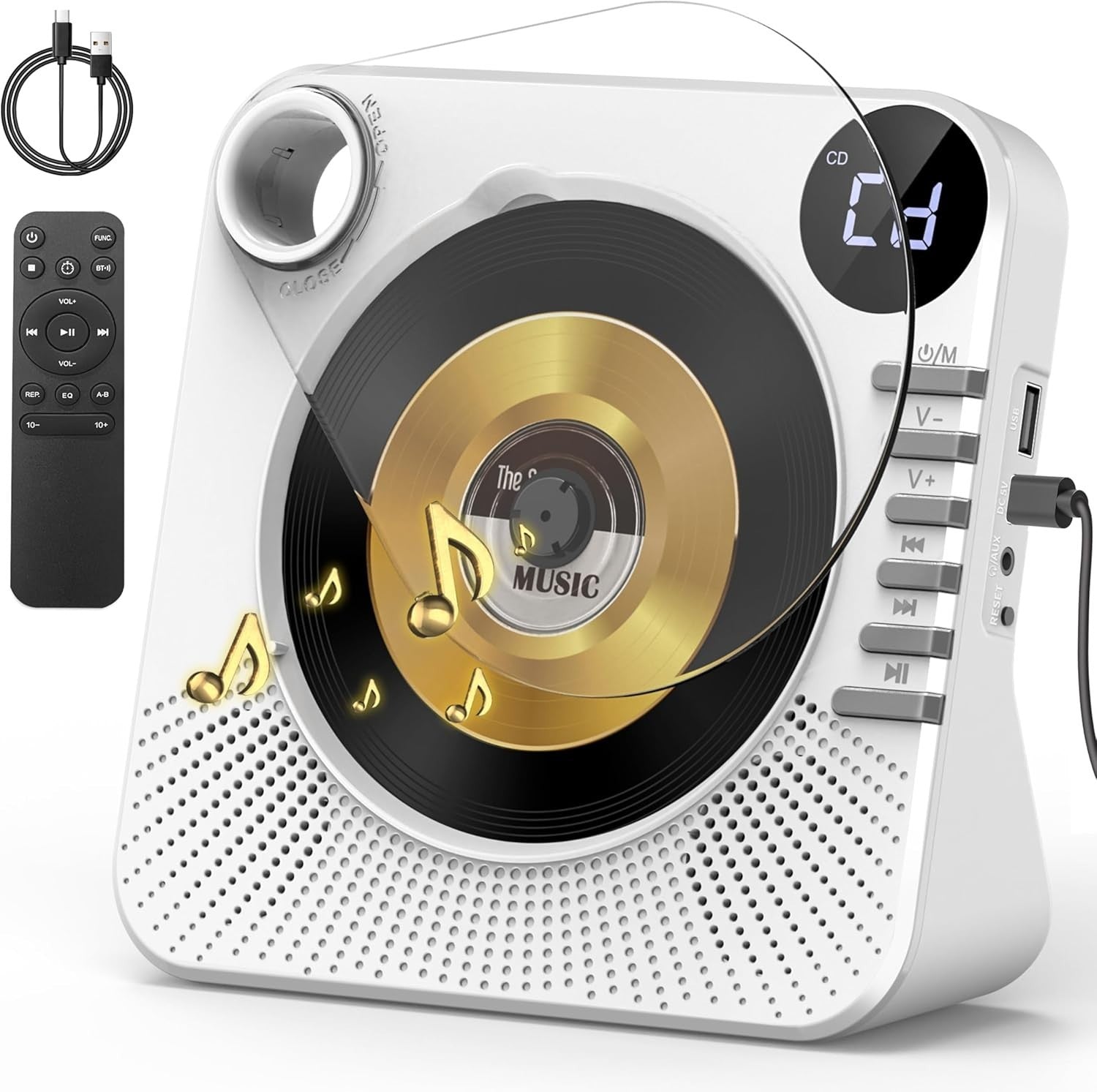 Bluetooth 5.1 CD Player w Speakers LED Display Remote USB AUX White