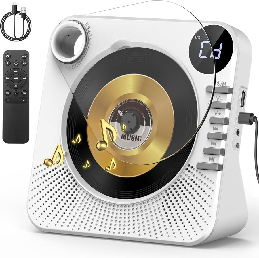 Bluetooth 5.1 CD Player w Speakers LED Display Remote USB AUX White