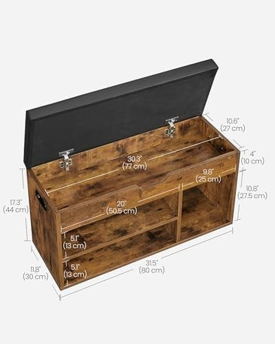 Rustic Brown Shoe Storage Bench with Cushion 3 Compartments Hidden Shelf Seat