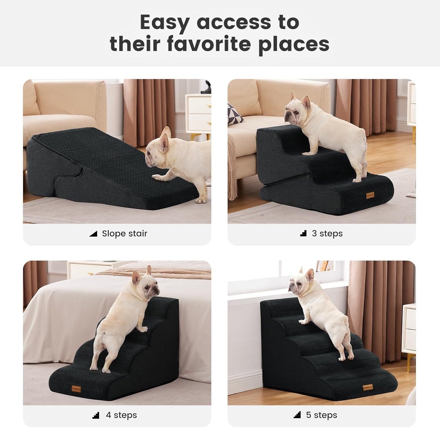 Adjustable 3 Step Dog Stairs Pet Ramp Non Slip Washable Black Grey