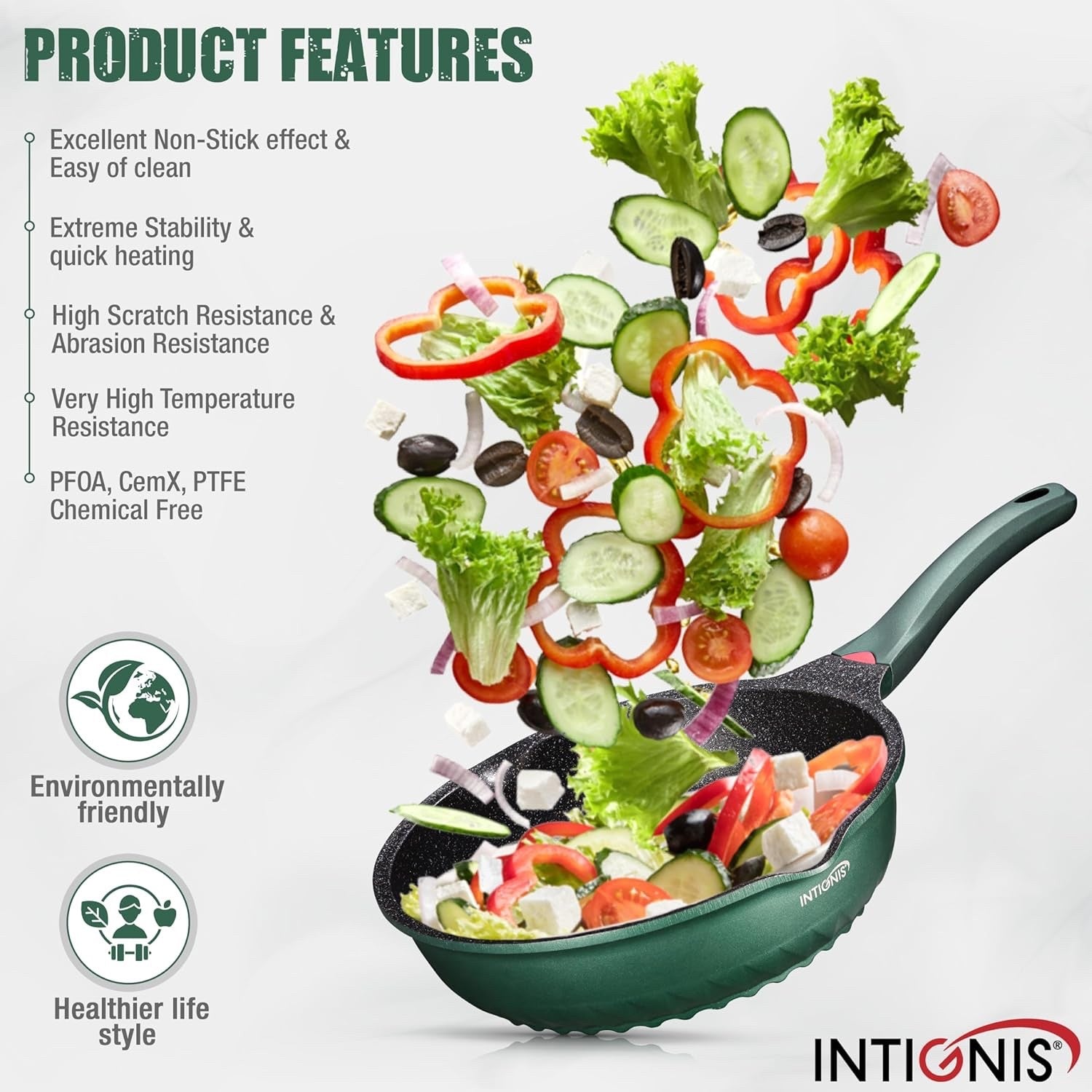 30cm Green Deep Non Stick Frying Pan with Lid  3in1 Skillet Sauté Pan & Mini Wok